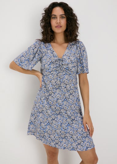 Blue Floral Viscose Mini Dress