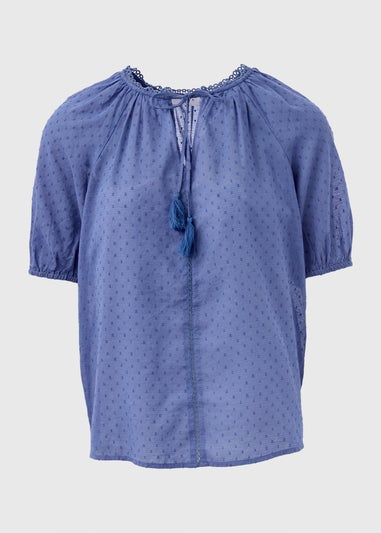 Blue Dobby Boho Tie Front Blouse