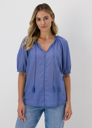 Blue Dobby Boho Tie Front Blouse