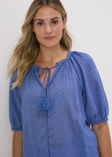 Blue Dobby Boho Tie Front Blouse