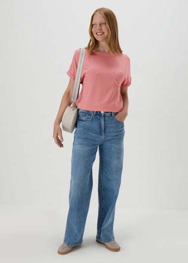 Pink Textured Pocket Detail T-Shirt