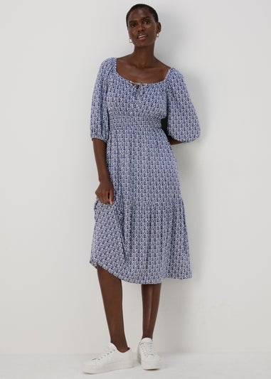 Blue Tile Print Shirred Midi Dress