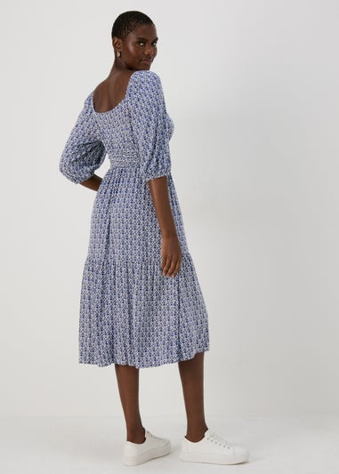 Blue Tile Print Shirred Midi Dress