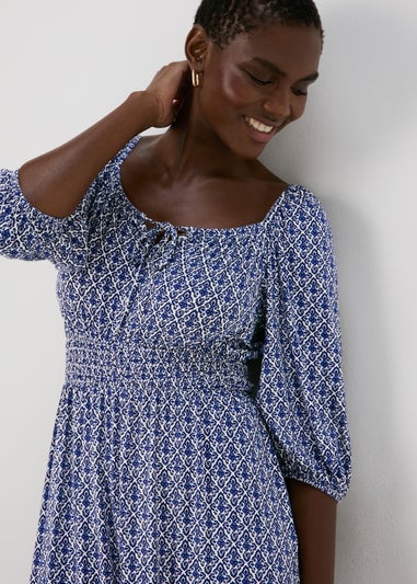 Blue Tile Print Shirred Midi Dress