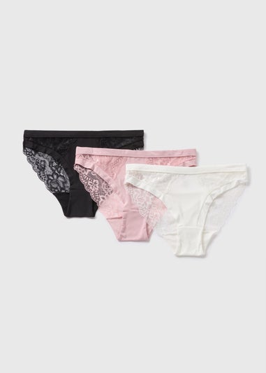 3 Pack Multicoloured Brushed Lace High Leg Knickers