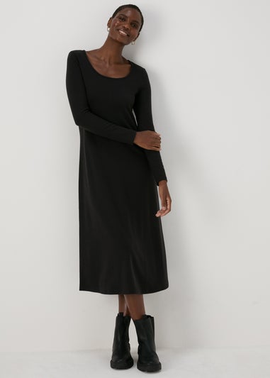 Black Ribbed Scoop Neck Midi Dress