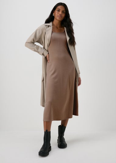 Beige Ribbed Scoop Neck Midi Dress