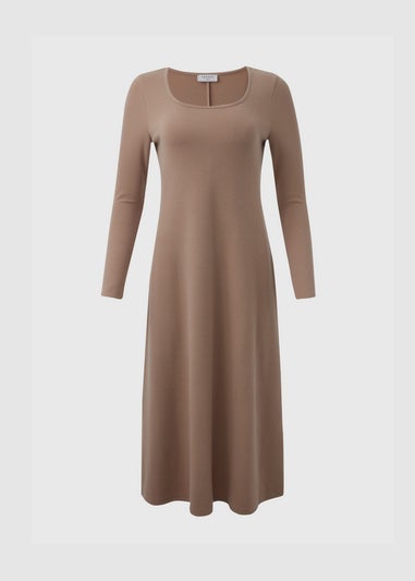 Beige Ribbed Scoop Neck Midi Dress