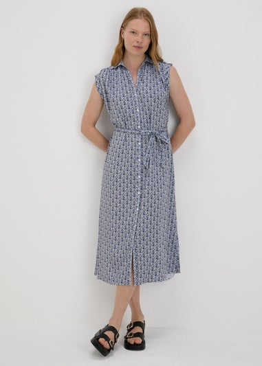 Blue Tile Print Viscose Shirt Dress