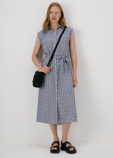 Blue Tile Print Viscose Shirt Dress