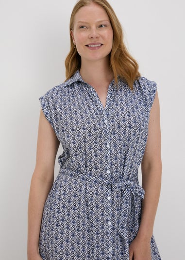 Blue Tile Print Viscose Shirt Dress