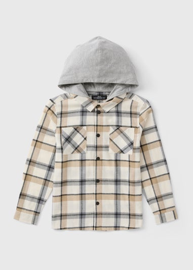 Boys Cream Hooded Check Shirt (7-15yrs)