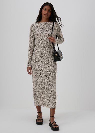 Cream Spot Print Plisse Midi Dress