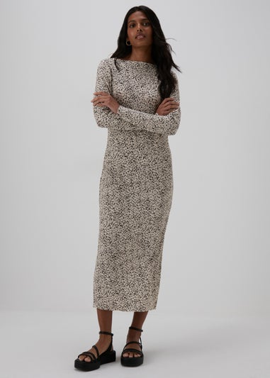 Cream Spot Print Plisse Midi Dress