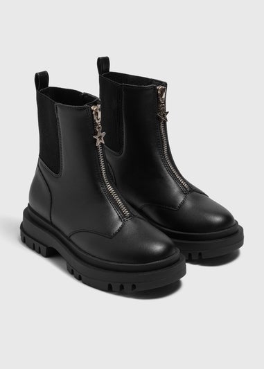 Girls Black Zip Front Chunky Boots (Younger 10-5)