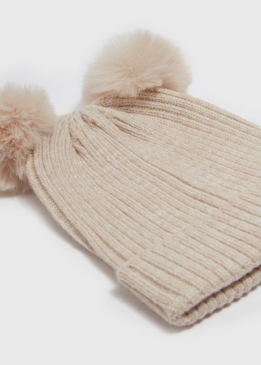 Girls Oatmeal Double Pom Pom Beanie (3-13yrs)