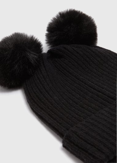 Girls Black Double Pom Pom Beanie (3-13yrs)