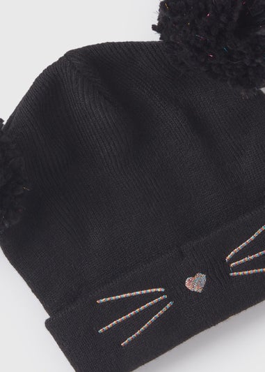 Girls Black Cat Beanie Hat (3-10yrs)