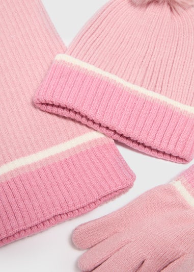 3 Piece Girls Pink Knitted Hat, Gloves & Scarf Set (3-16yrs)