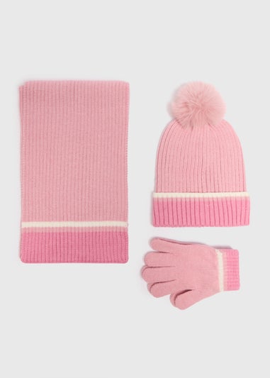 3 Piece Girls Pink Knitted Hat, Gloves & Scarf Set (3-16yrs)