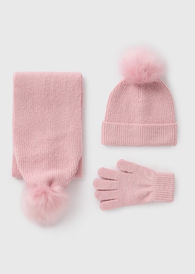 3 Piece Girls Pink Sparkle Hat, Gloves & Scarf Set (3-13yrs)