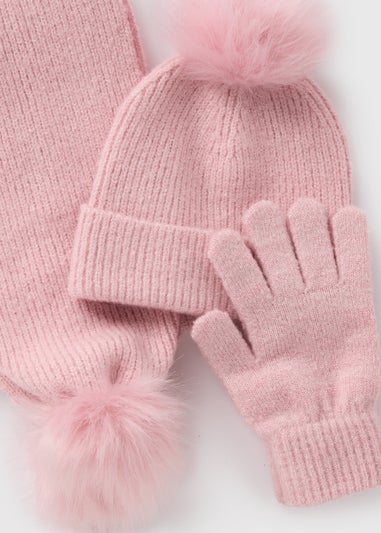 3 Piece Girls Pink Sparkle Hat, Gloves & Scarf Set (3-13yrs)