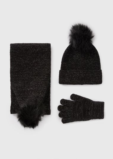 3 Piece Girls Black Sparkle Hat, Gloves & Scarf Set (3-13yrs)