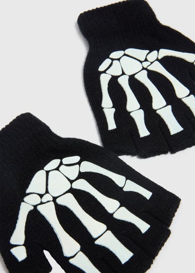 Kids Black Skeleton Fingerless Gloves