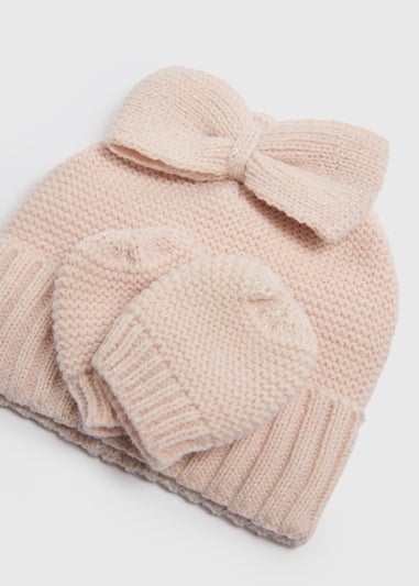 2 Pack Baby Pink Hat & Mitt Gloves Set (Newborn-23mths)