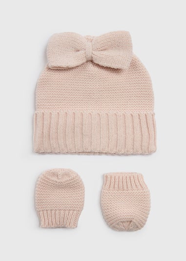 2 Pack Baby Pink Hat & Mitt Gloves Set (Newborn-23mths)