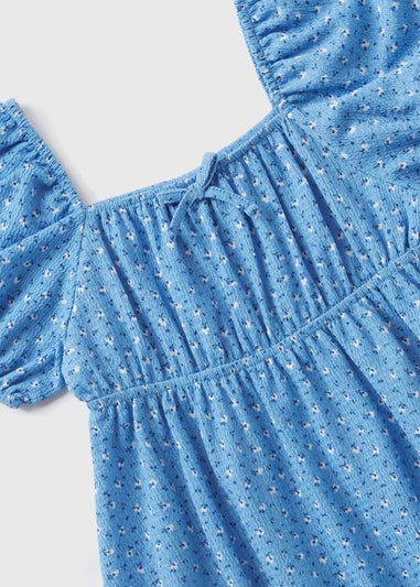 Girls Blue Floral Crinkle Dress (7-15yrs)