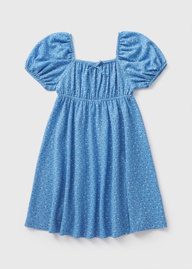 Girls Blue Floral Crinkle Dress (7-15yrs)