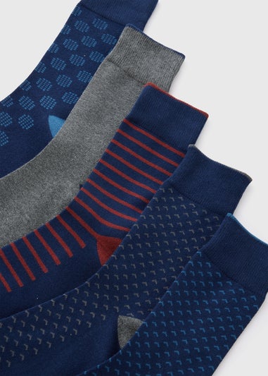 5 Pack Navy Patterned Socks