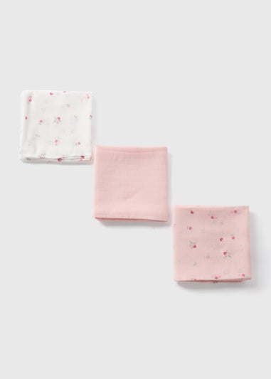 3 Pack Baby Pink Floral Muslin Squares