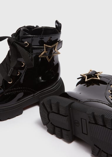 Girls Black Patent Lace Up Star Buckle Boots (Younger 4-12)