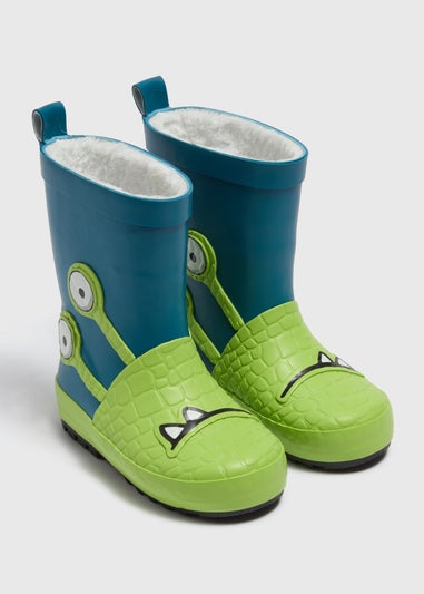 Boys Blue Monster Fleece Lined Wellies (Younger 4-12)