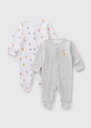 2 Pack Baby White Animal Sleepsuits (Newborn-23mths)