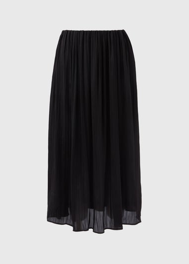 Black Satin Pleated Midi Skirt