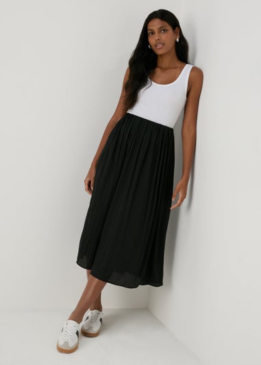 Black Satin Pleated Midi Skirt