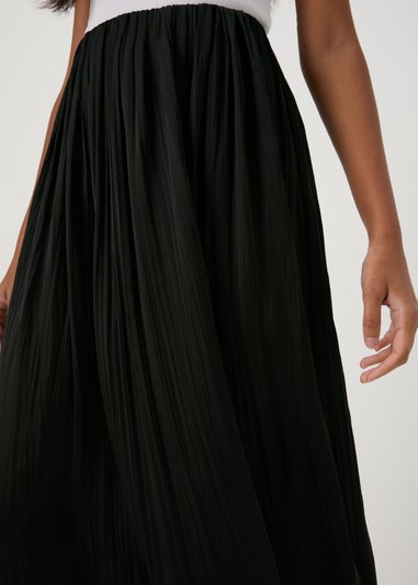 Black Satin Pleated Midi Skirt