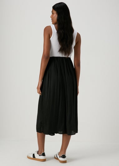 Black Satin Pleated Midi Skirt