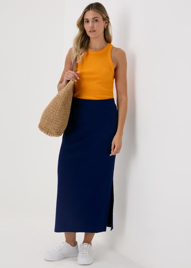 Navy Ribbed Midi Skirt