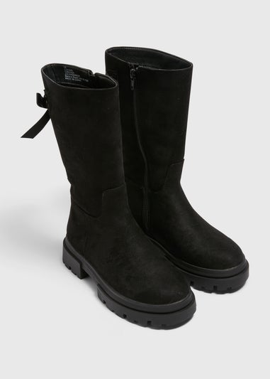 Girls Black Suede Tie Back Knee Boots (Younger 10-Older 5)