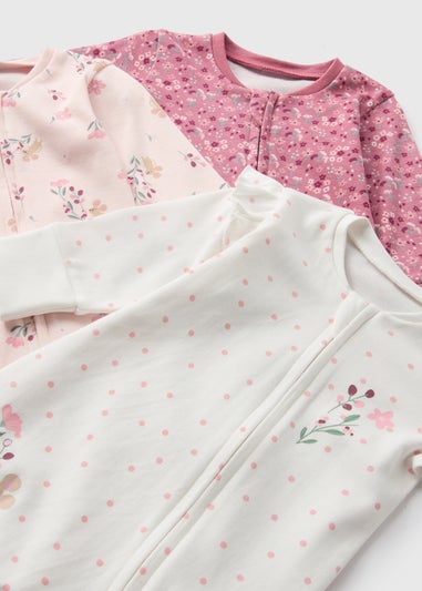 3 Pack Girls Pink Floral Sleepsuits (Newborn-18mths)