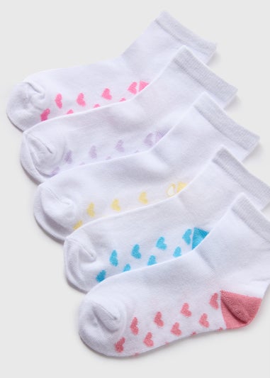 5 Pack Girls White Heart Socks