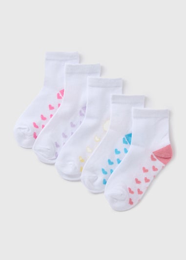 5 Pack Girls White Heart Socks