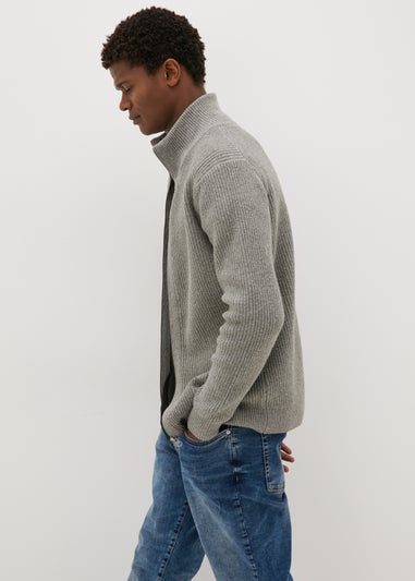 Grey Ribbed Full Zip Cardigan