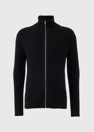 Black Ribbed Full Zip Jumper