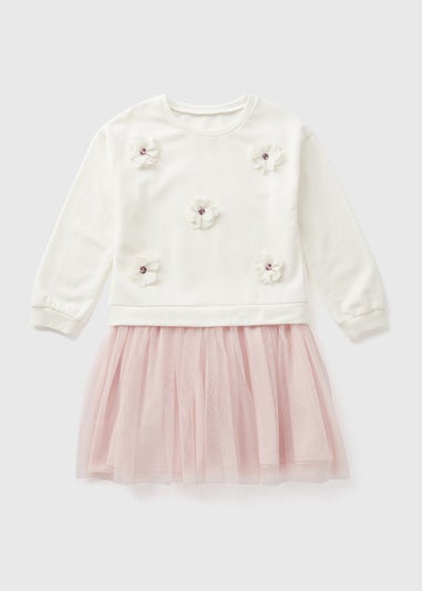 Girls Cream Mesh Flower Sweat Dress (1-7yrs)