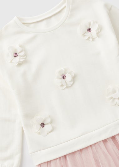 Girls Cream Mesh Flower Sweat Dress (1-7yrs)